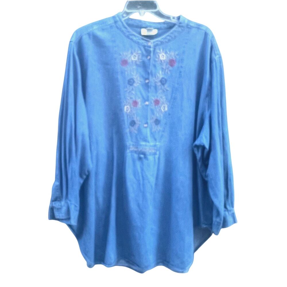 Denim Tunic Top Womens 32W Cottagecore Long Top Embroidered Floral Casual